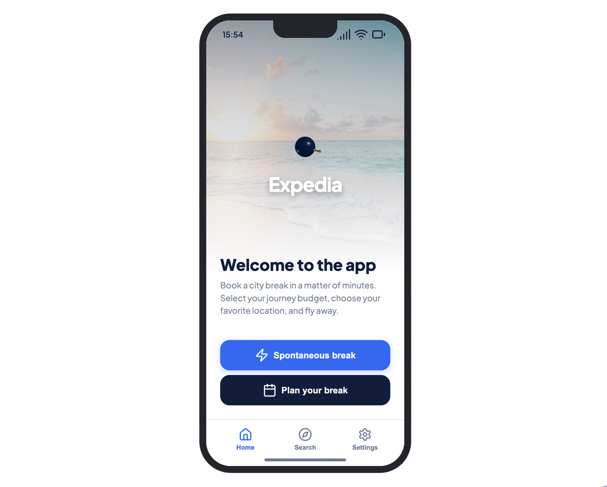 Expedia app trip type selection screen